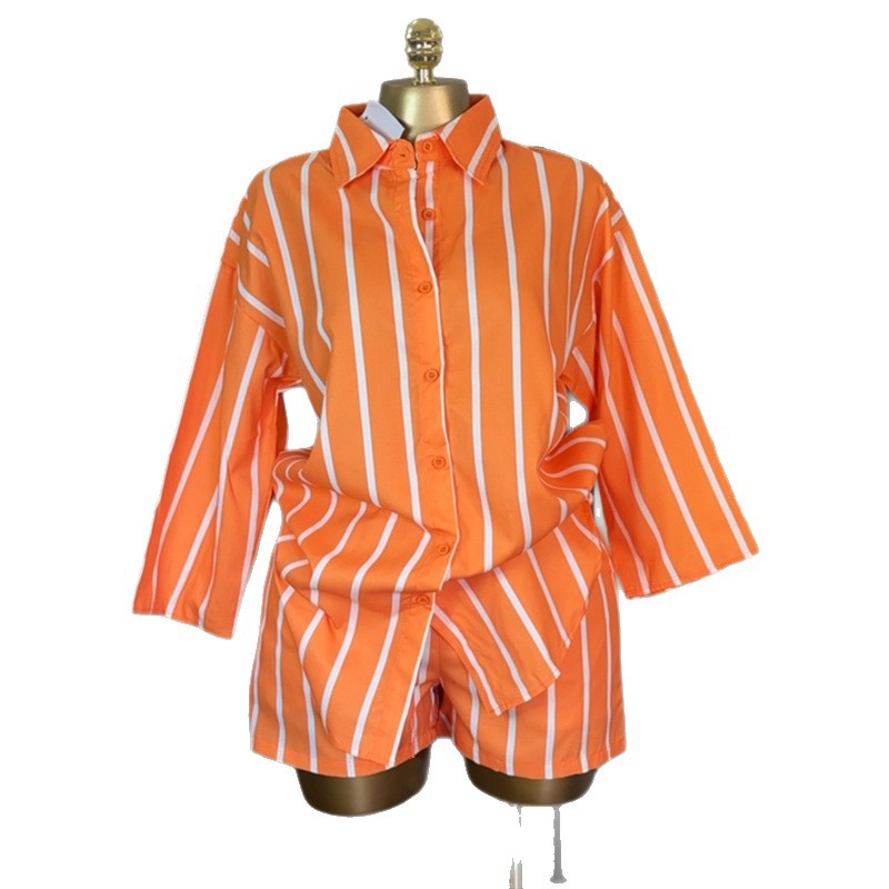 European and american cross-border women's fashion:  autumn new collection - trendy orange loose striped shirt & high-waisted shorts casual set