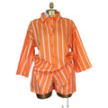 European and american cross-border women's fashion:  autumn new collection - trendy orange loose striped shirt & high-waisted shorts casual set