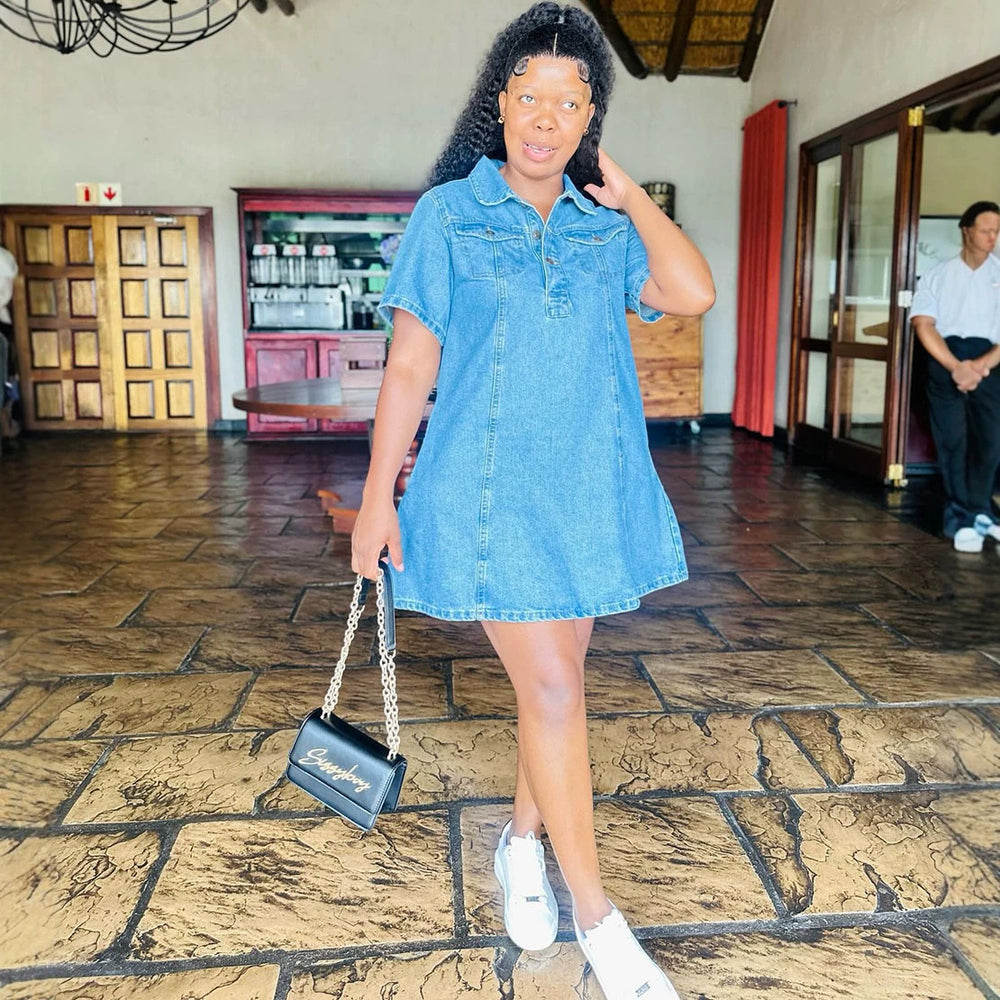 European and american style denim dress -  cross-border summer women's clothing - street fashion stand collar short sleeve plus size top