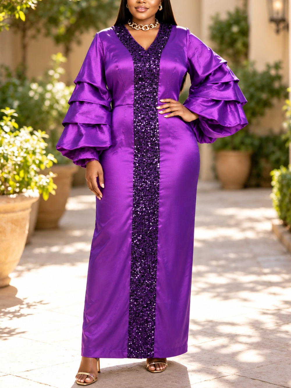 New sequin patchwork lantern sleeve dress - ruched waist, slim fit african robe, evening gown for banquets