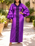 New sequin patchwork lantern sleeve dress - ruched waist, slim fit african robe, evening gown for banquets