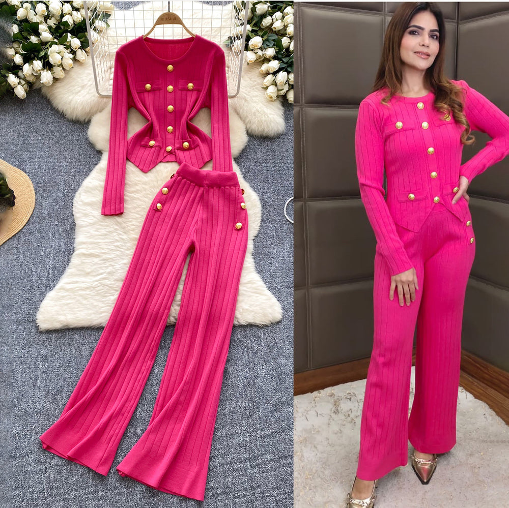 Classy small fragrant metal buckle round neck silmeasiest for matchlong sleevesknitting shirt women's high waistcasual pantstwo-piece set