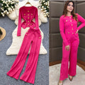 Classy small fragrant metal buckle round neck silmeasiest for matchlong sleevesknitting shirt women's high waistcasual pantstwo-piece set