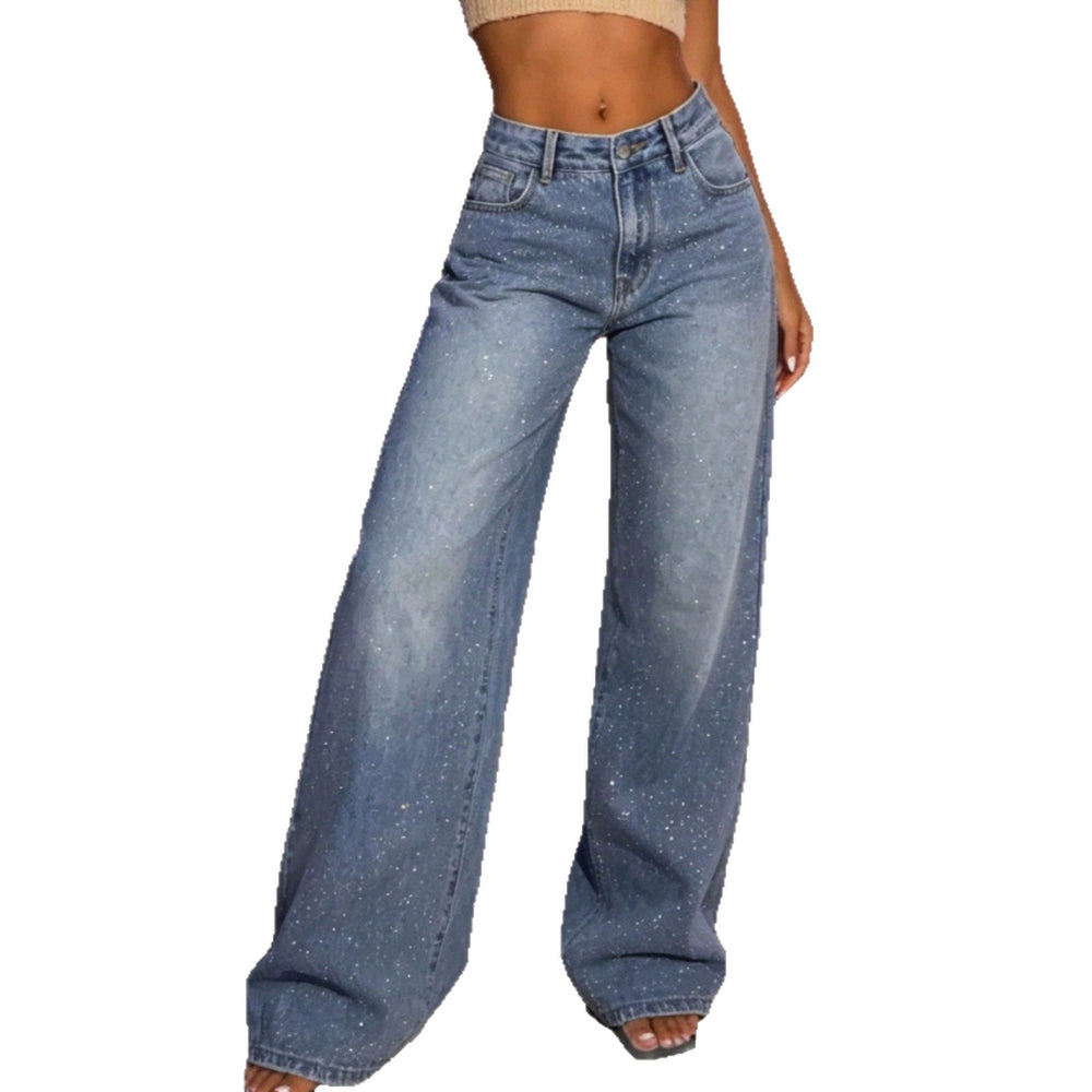 Fashionjeans women's light blue washed full-width fine glitter hot pink gradient high waist wide-leg mop denim pants