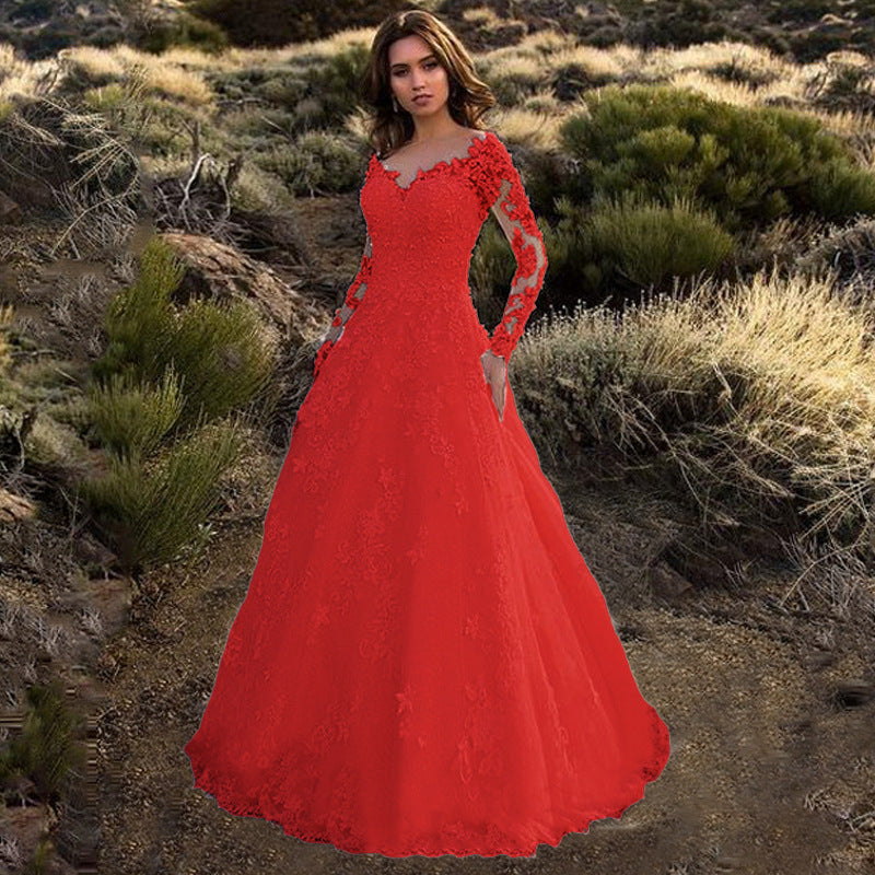 spring new arrivals: european & american style women's clothing - -ready long sleeve off-the-shoulder bridal wedding dress gown