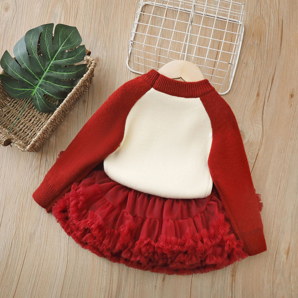 Girlsweaterthickenedall-in-one velvet with tutu skirttwo-piece set for baby girls round neckthickened bottom shirtsuit