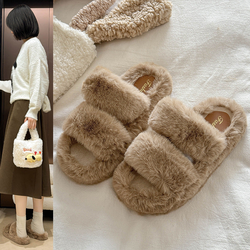 New korean style ins trendy fuzzy slippers women's outdoor winter indoor non-slip warm plush lazy cotton slippers