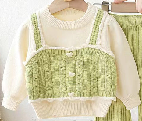 Girls' knit sweater set - new  collection: handmade flower pom-pom detail, includes pants