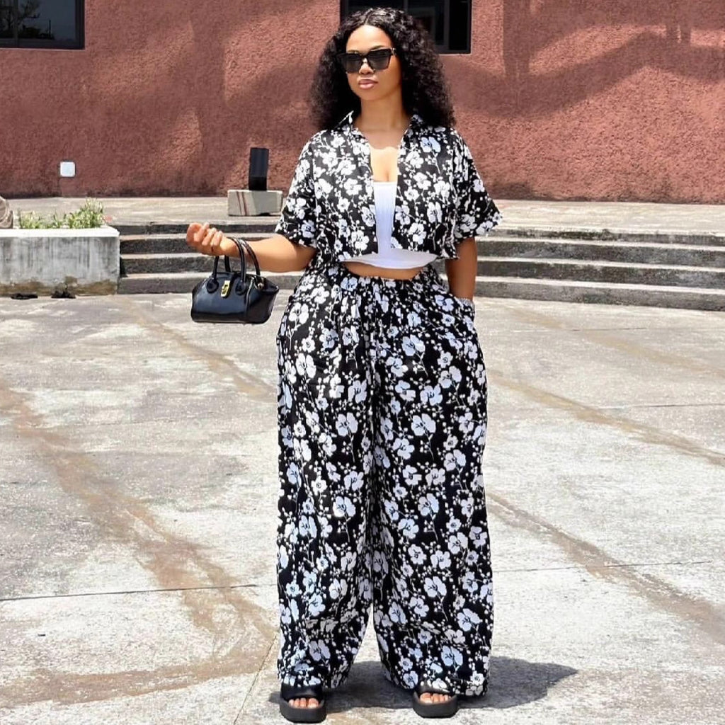 European and American large-size women's clothing 2025 new simple casual cardigan printed shirt trousers African fashion foreign style suit