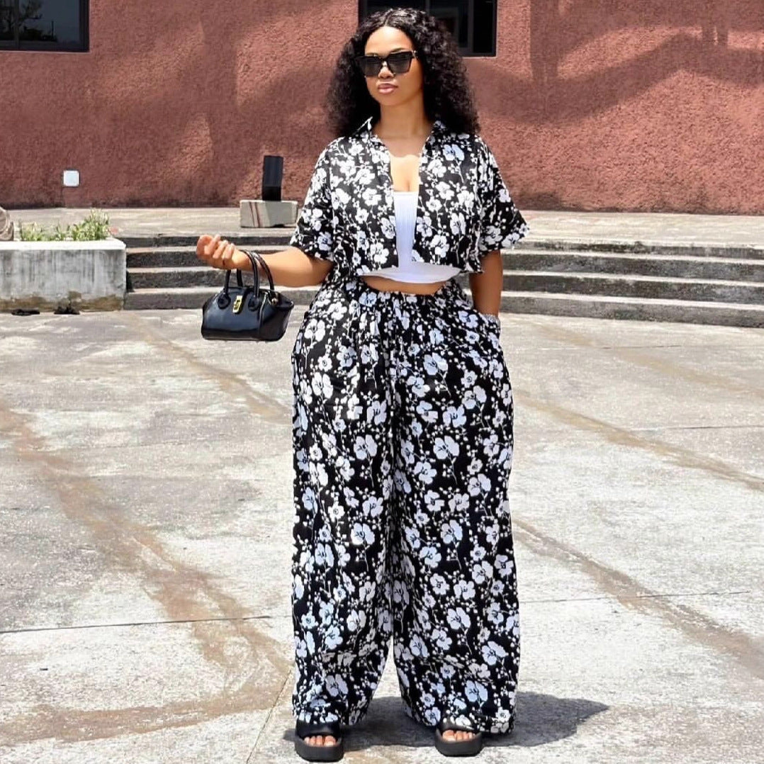 European and American large-size women's clothing 2025 new simple casual cardigan printed shirt trousers African fashion foreign style suit