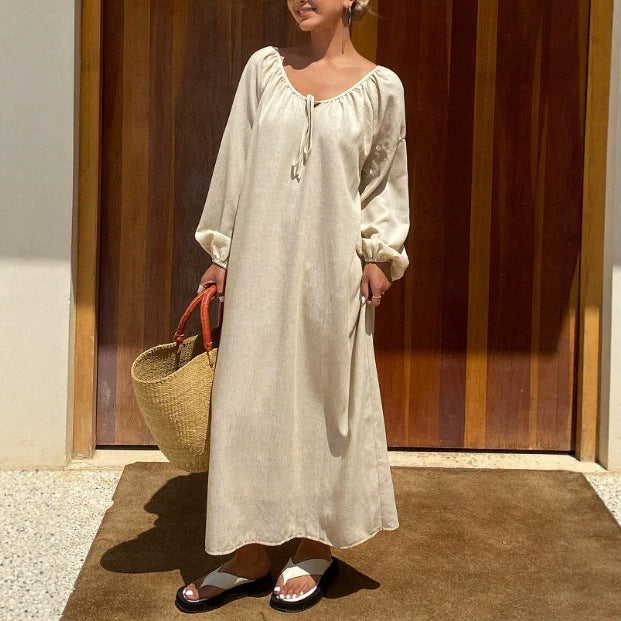 New chinese style women's summer nightgown - cotton silk retro butterfly print mid-sleeve loungewear - faux cotton maxi dress