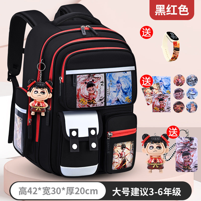 New nezha backpack for boys and girls, grades 1-6: spine protection, lightweight design, and extra-large capacity