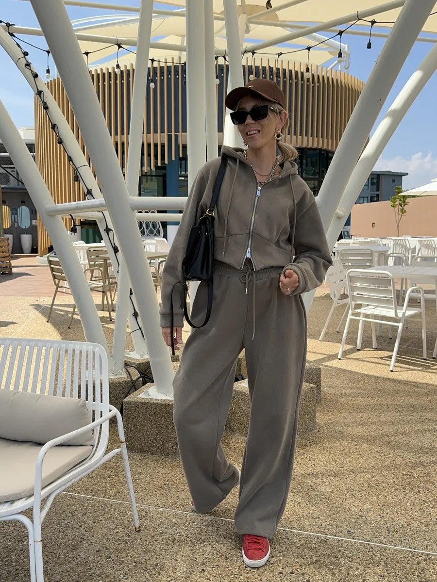 Cross-border European and American women's fashion sports suit solid color long-sleeved zipper hooded cardigan sweater casual pants two-piece set