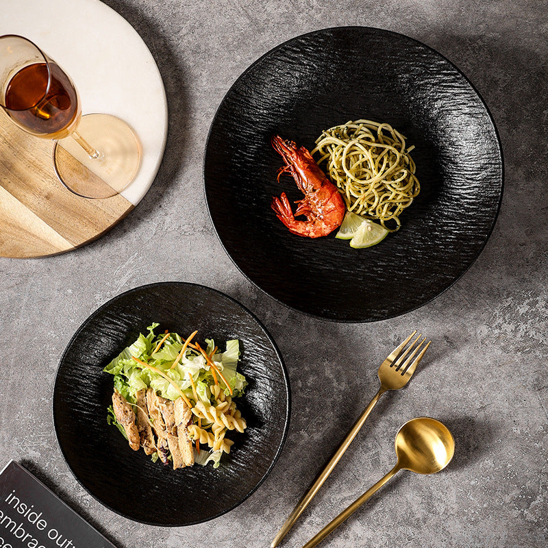 Deep dish japanese ceramic salad creative black for home soup plate ceramic tableware classy texture frosted dinner plate