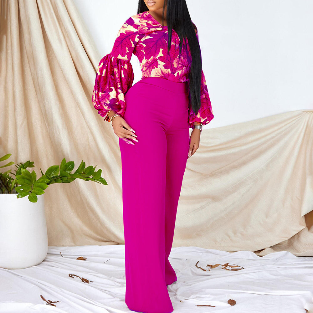 D386  plus size women's new fashion printed tie-up top and wide-leg pants two-piece set - european and american style