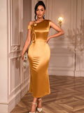 elegance off-the-shoulder satin dress one shoulder stereo flower silm hip party dinner dressdresses