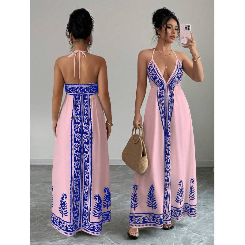 Amazon bohemian chic beach vacation print v-neck backless maxi slip dress