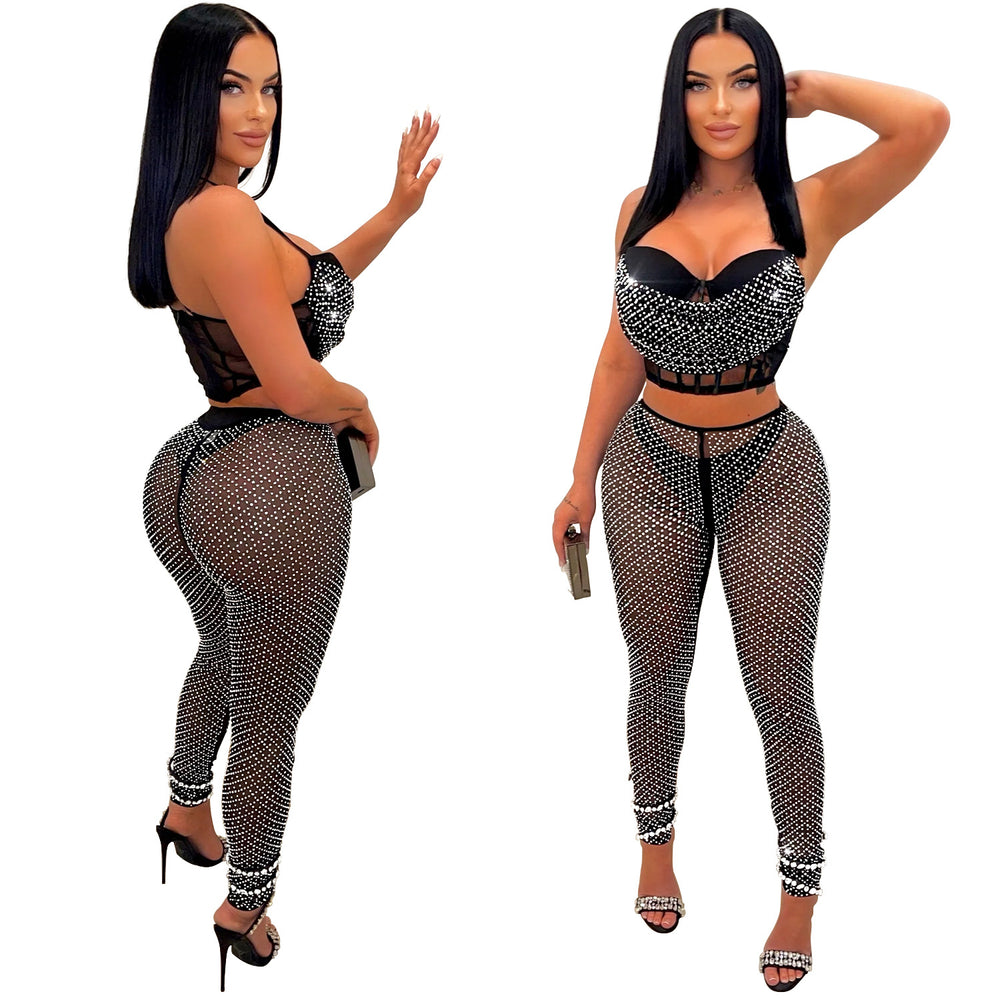 C6540 cross-border   fashion women's solid color mesh rhinestone suspender pants two-piece set