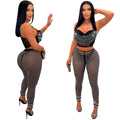 C6540 cross-border   fashion women's solid color mesh rhinestone suspender pants two-piece set