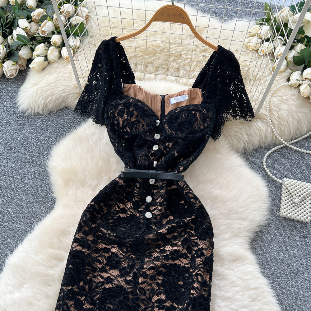 French high-end women's dress -  autumn fashion square neck button-down tie waist short sleeve flocked lace maxi dress