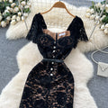 French high-end women's dress -  autumn fashion square neck button-down tie waist short sleeve flocked lace maxi dress