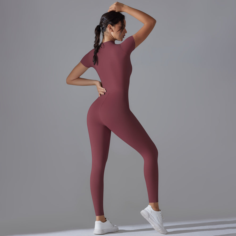 European and american nude feel zipper short sleeve yoga bodysuit - quick-dry, breathable, outdoor sports compression suit - fitness apparel