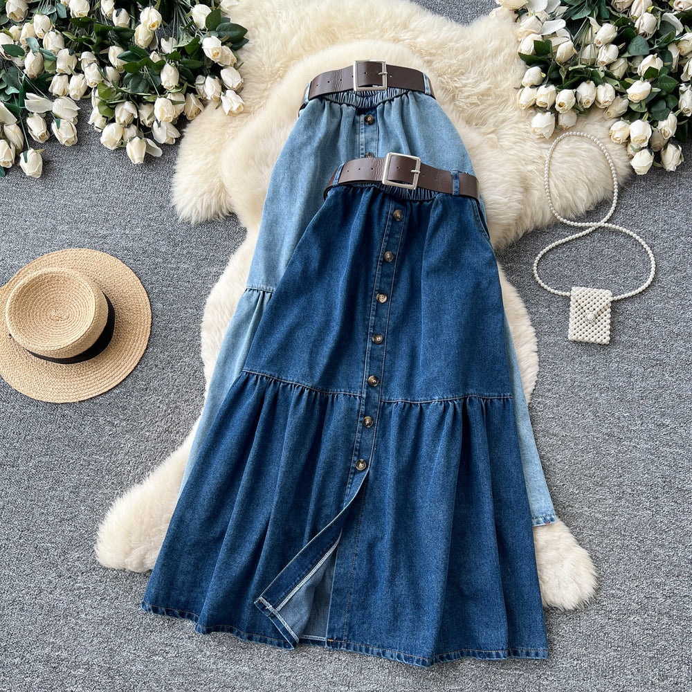 K-style single-breasted denim slit skirt women's summerhigh waista-line skirt medium long patchworkslimming lookwork clothing skirt