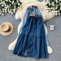 K-style single-breasted denim slit skirt women's summerhigh waista-line skirt medium long patchworkslimming lookwork clothing skirt