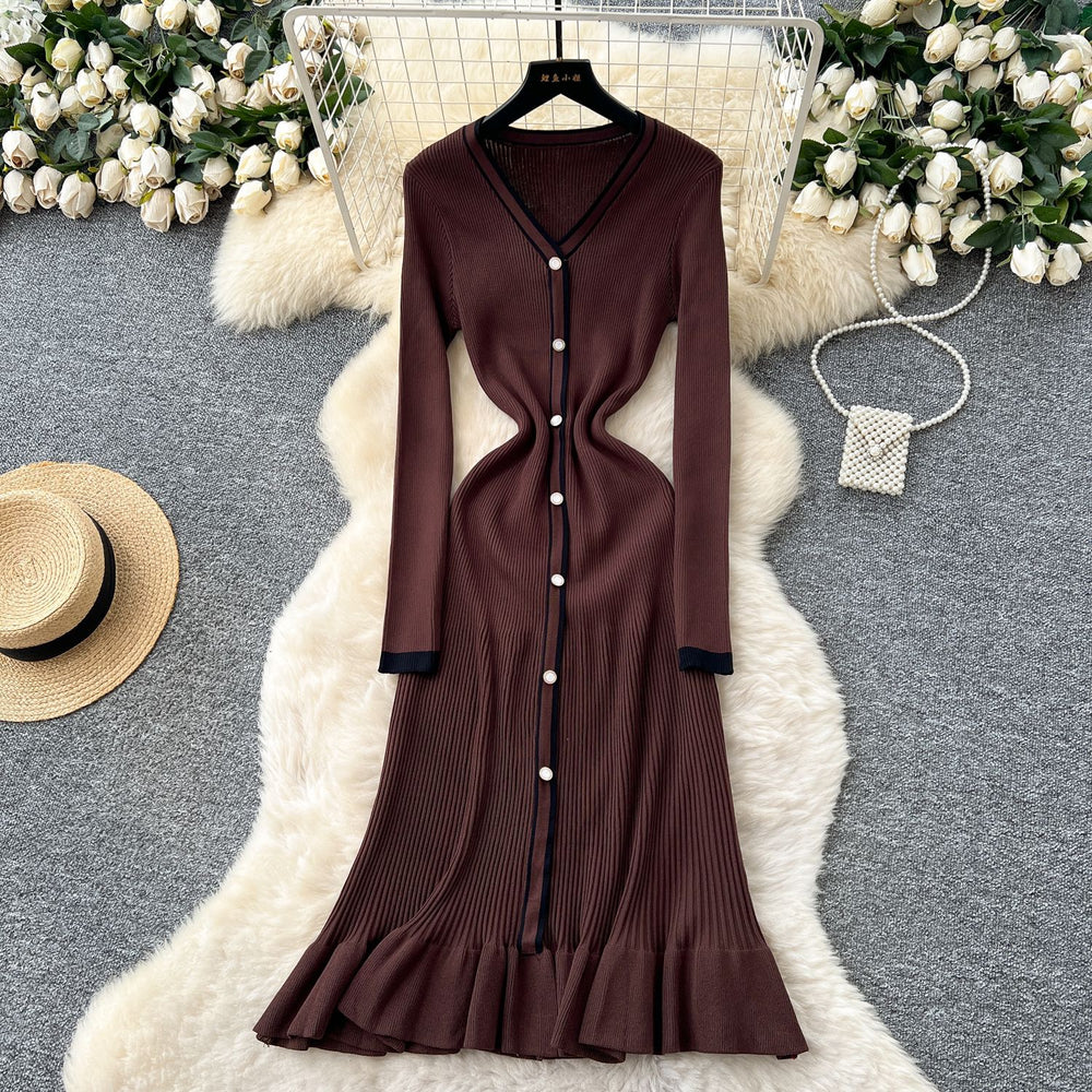 Classysense niche style celebrity contrast colorv necklong sleeves single breasted waist knittingdress women's inner fishtail long skirt