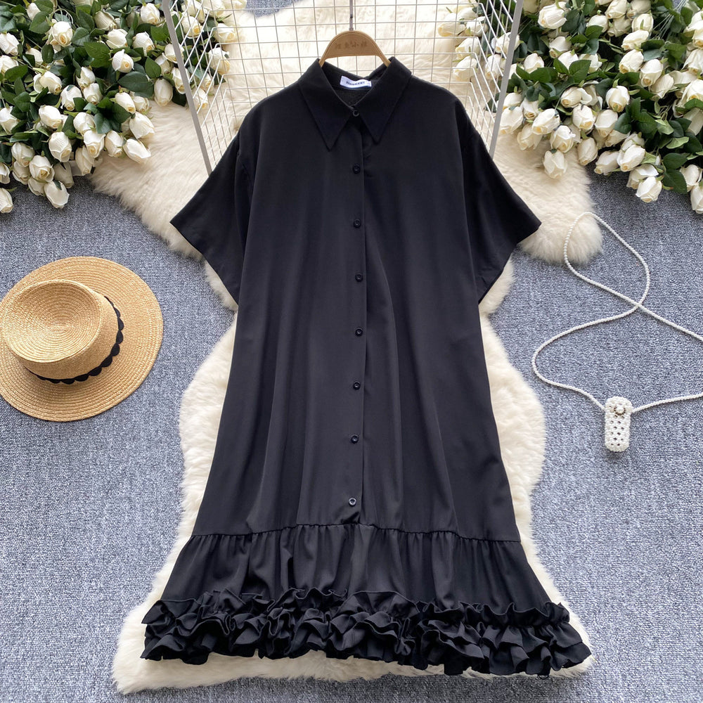 European and american style women's summer dress - unique design, loose fit, slimming, short sleeve, single-breasted, ruffle hem shirt dress