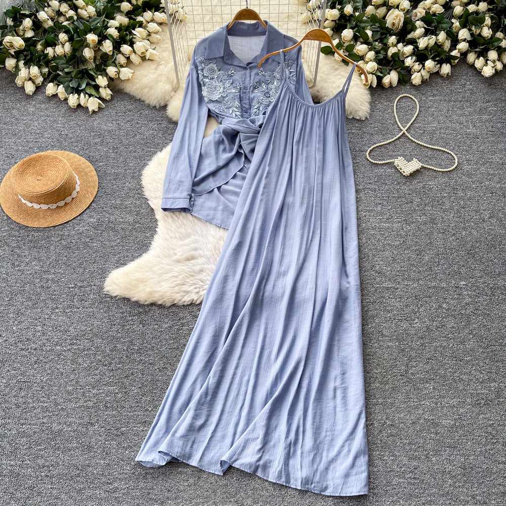 Gentle and lazy style embroidershirt suspender skirt two-piece set for women  spring autumslimming lookelegantfashionsuit