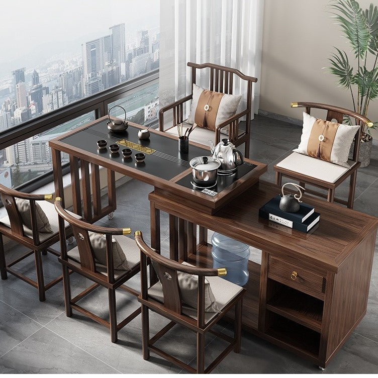 New chinoiserie solid wood tea table rotate table and chair complete set of water kettle all-in-one tea table balcony living room small apartment coffee table