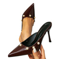 Women's coffee brown high heel sandals - stiletto heel, fashionable pointed toe, pearl embellished, minimalist high heel sandals for women