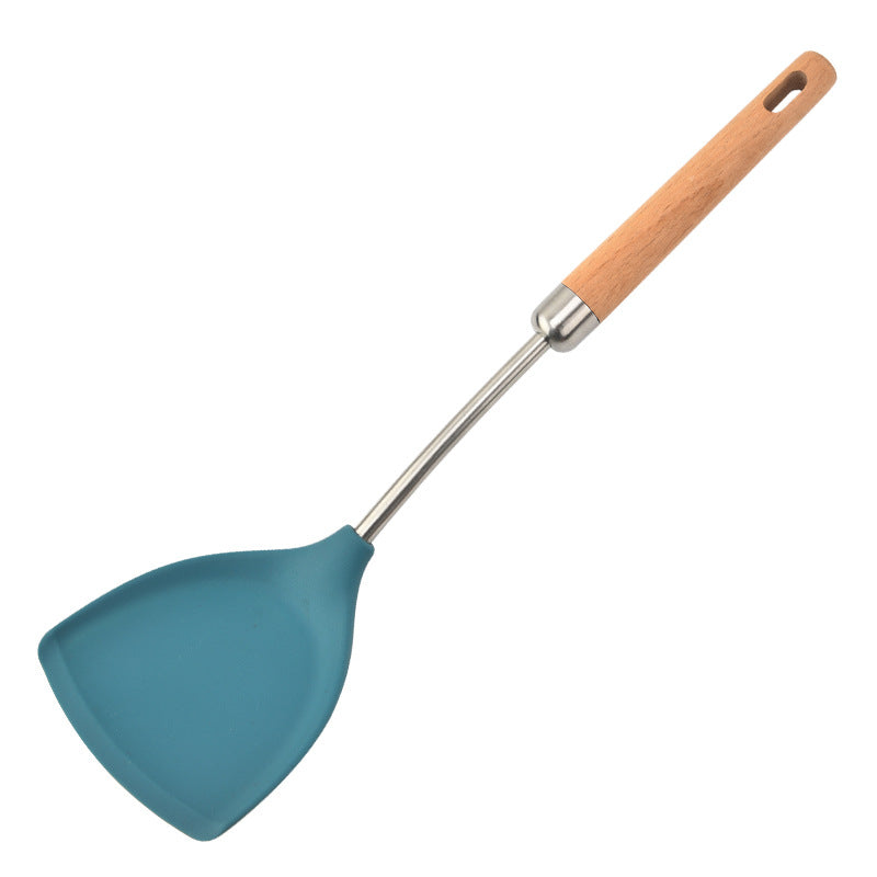 Food grade 304 stainless steel pipe handle cooking shovel household beech handle spoon shovel non-stick pan silicone kitchenware