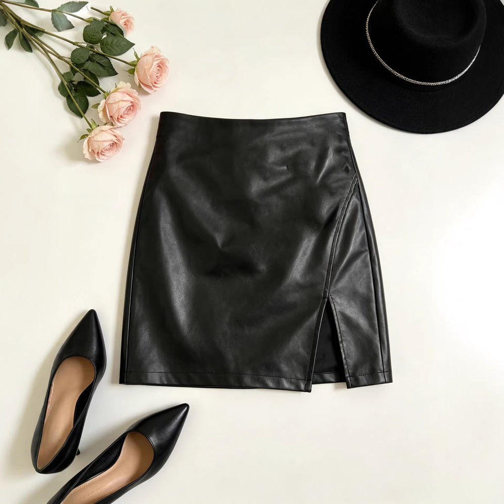 Women's mini skirt -  cross-border fashion, european & american style, black pu bodycon skirt, solid color leather skirt, sexy bestseller with slit