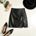 Women's mini skirt -  cross-border fashion, european & american style, black pu bodycon skirt, solid color leather skirt, sexy bestseller with slit