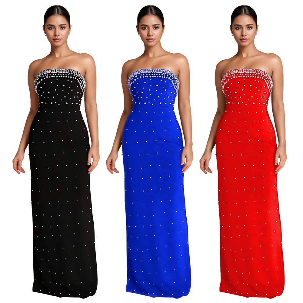 C7218 cross-border   fashion women's bandeau sexy beaded slit backless dress