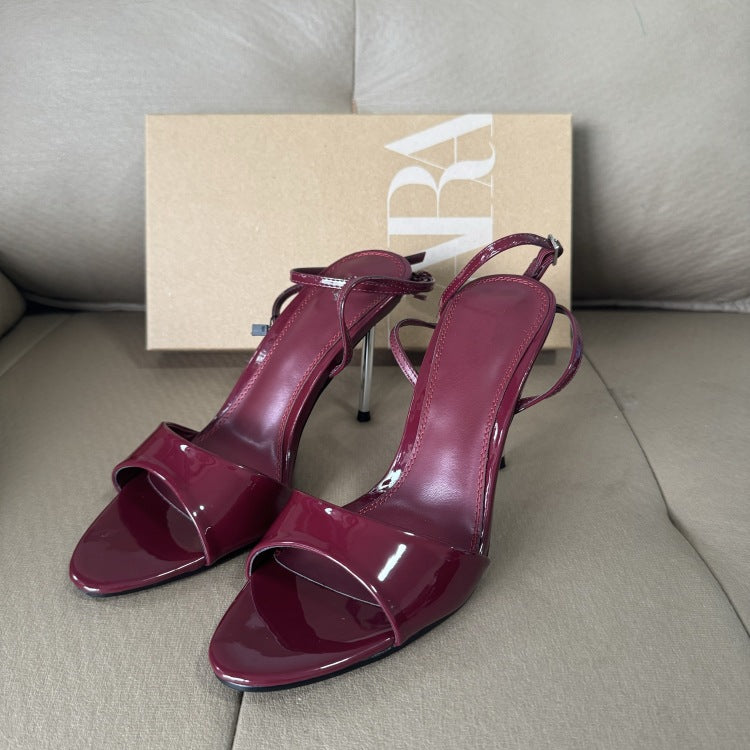 Spain 2025 summer new one-strap peep-toe hollow-out sandals, denim pointed-toe stiletto heels with metallic finish