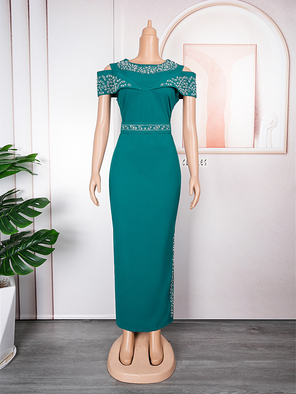 export independent station hot diamond fake shawl sleeves patchwork elegance silm hip covering dress african plus size women's clothing