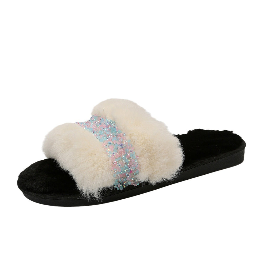 Influencer-approved rhinestone fuzzy slippers for women - new 2024 collection - wearable flat slides, warm fuzzy cotton slippers for autumn and winter