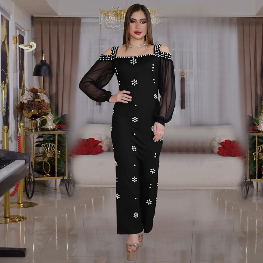 C7415 cross-border   fashion women's elegant rhinestone square neck mesh bodycon dress