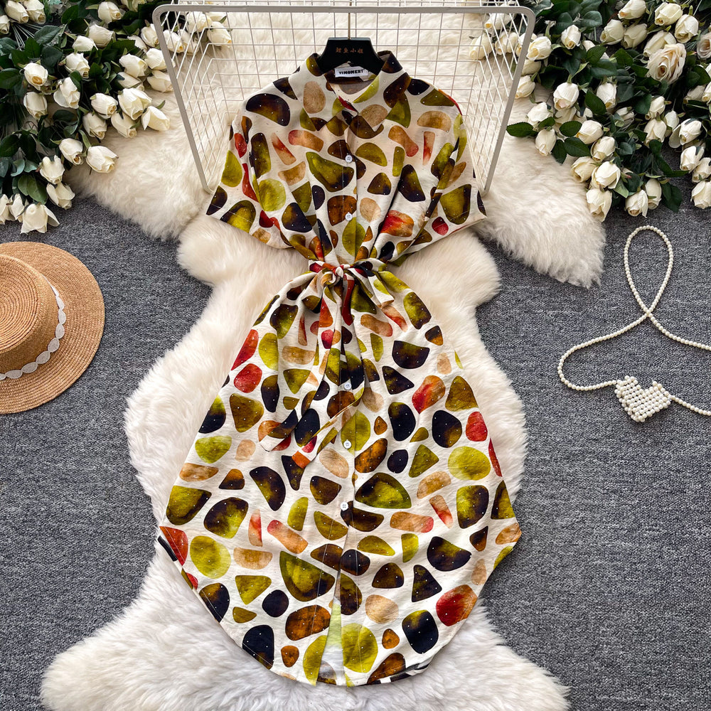 K-style printing short sleeve dress women's  summer waist slimming look a-line skirt work clothingelegant shirt skirt