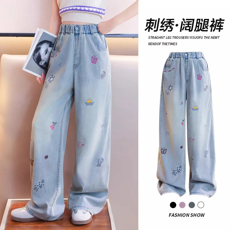 Girls' tencel denim pants - new  summer collection: lightweight ice silk trousers for kids, wide-leg summer pants for older girls