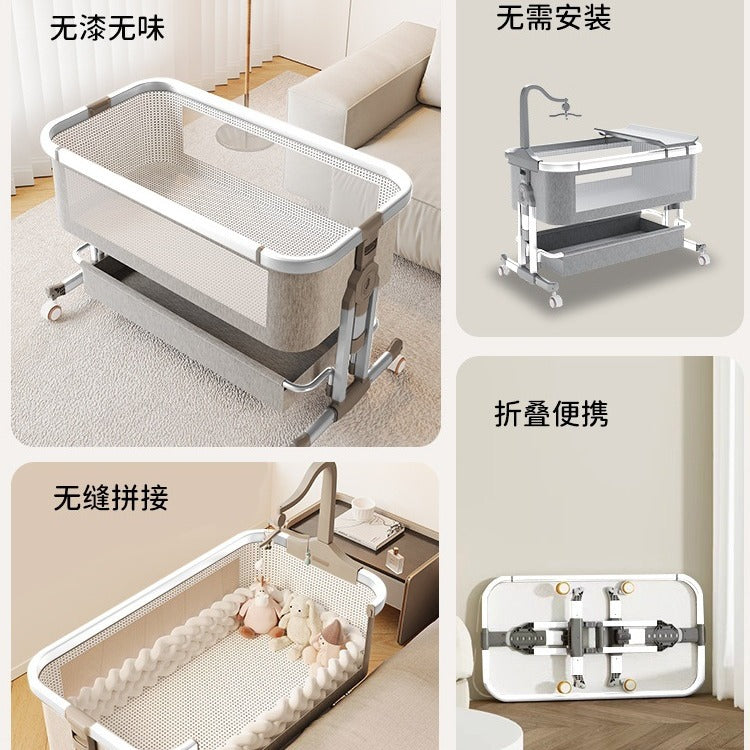 Aluminum alloy baby crib convertible to big bed, multifunctional portable folding children's bed, newborn baby bed with changing table
