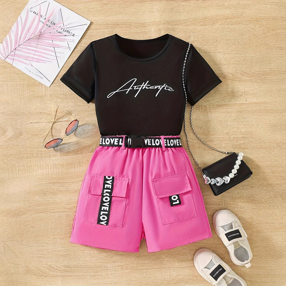 Clearance! girls' graphic print short-sleeve top + webbing cargo shorts set - big girls' style - clearance item