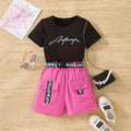 Clearance! girls' graphic print short-sleeve top + webbing cargo shorts set - big girls' style - clearance item