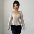 European and american  summer square neck puff sleeve waist top pearl button silmruffle hem shirt