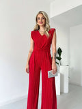 Amazon fashion cross-border women's clothing  autumn new style pure color sleeveless round neck silm pleated straight-leg jumpsuit
