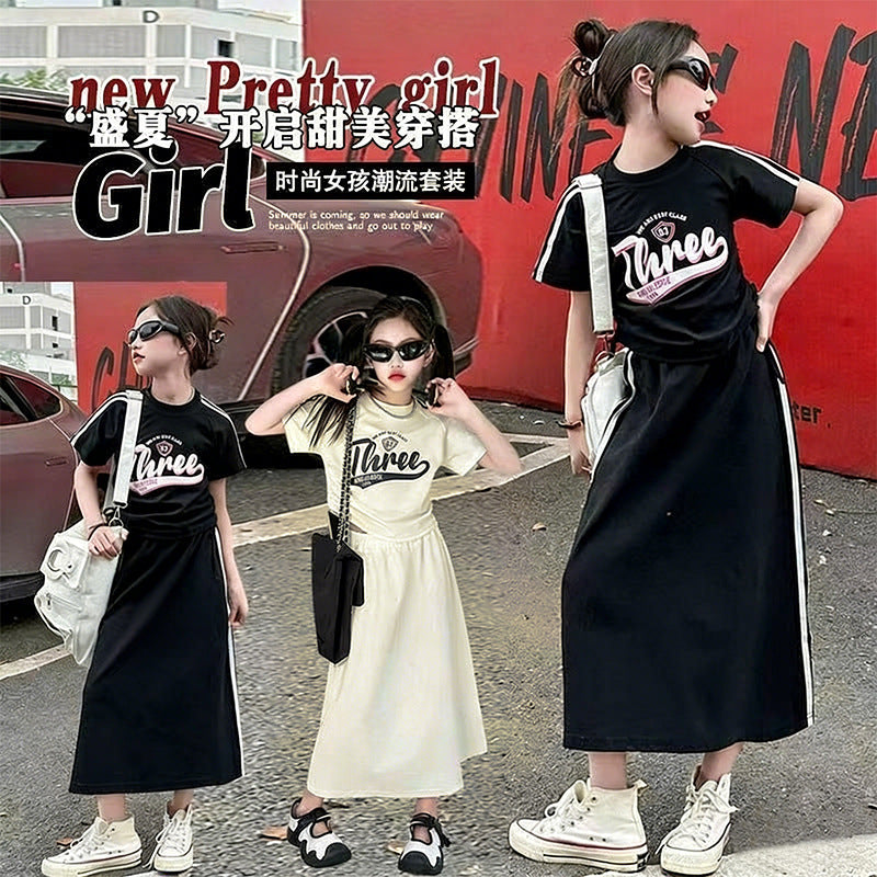 versatile girls' summer outfit: korean style sporty & casual fashion short-sleeve t-shirt and skirt two-piece set