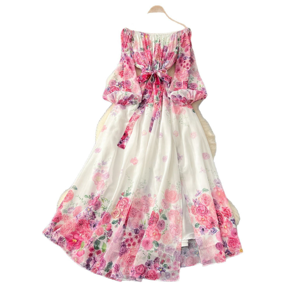 Early spring resort style dress - women's  new arrival: off-the-shoulder tie-waist lantern sleeve printed chiffon maxi dress
